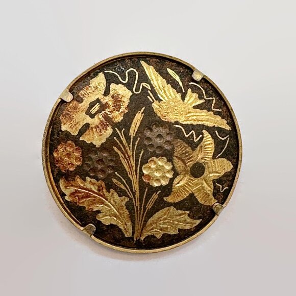 Bird Brooch, Damascene, Gold, Black, Flowers, Vintage, C Clasp, Multi Color - Picture 3 of 3
